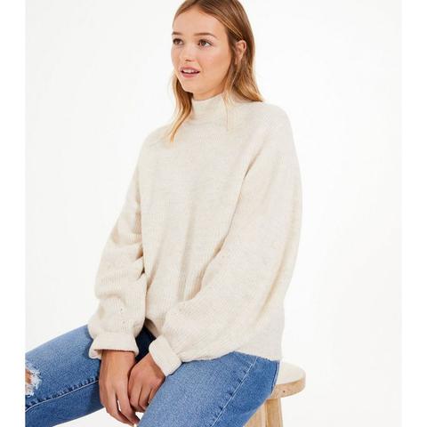 Cream High Neck Puff Sleeve Jumper