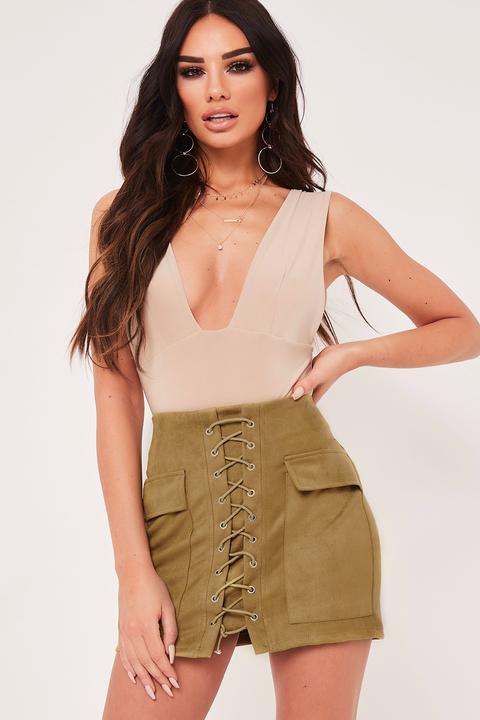 Miranda Khaki Suede Lace Up Mini Skirt