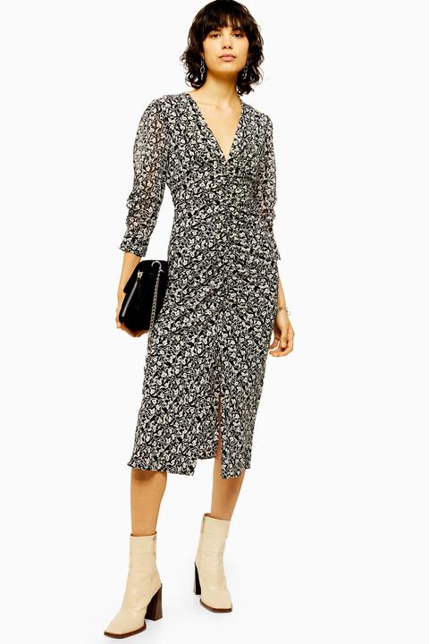 Womens Tall Idol Mix Fabric V Neck Ruched Midi Dress - Monochrome,  Monochrome from Topshop on 21 Buttons