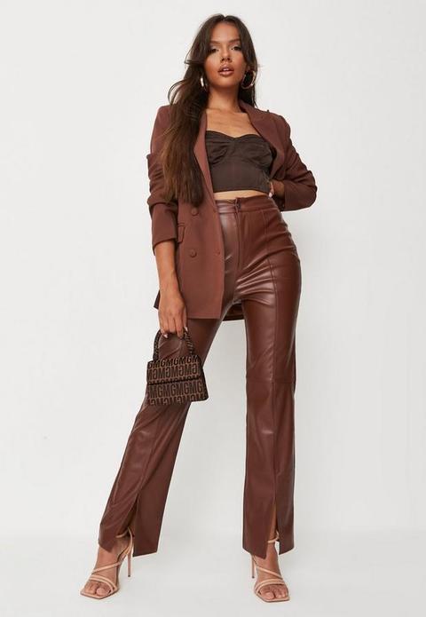 Chocolate Faux Leather Split Hem Straight Leg Trousers, Brown