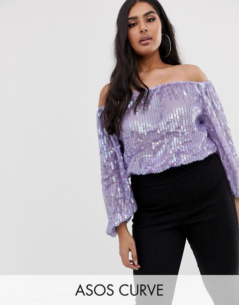 Asos Design Curve - Top Con Scollo Alla Bardot E Maniche A Campana Decorato Con Paillettes - Viola