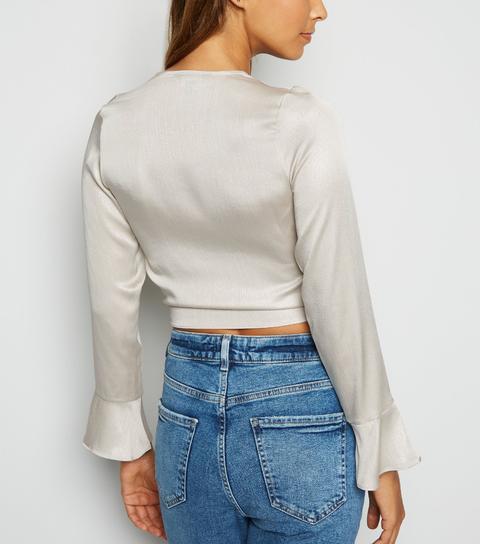 Silver Satin Tie Front Top New Look