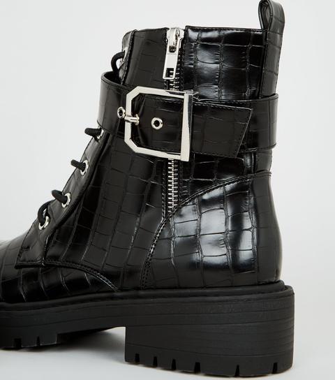 black faux croc chunky lace up boots