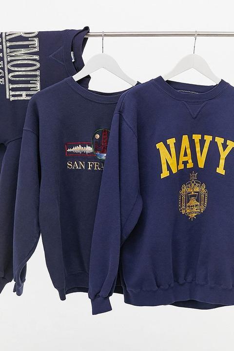 Urban Renewal Vintage Sports Navy Crew Neck Sweatshirt - Blue M/l At Urban Outfitters