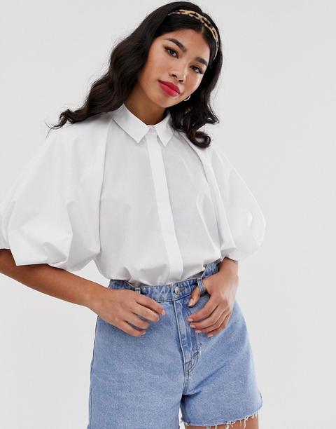 Asos Design Shirt With Short Puff Sleeve Detail - White