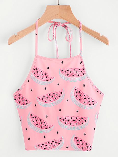 Watermelon Print Crop Halter Top