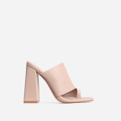 Anfo Square Peep Toe Flared Block Heel Mule In Nude Faux Leather, Nude