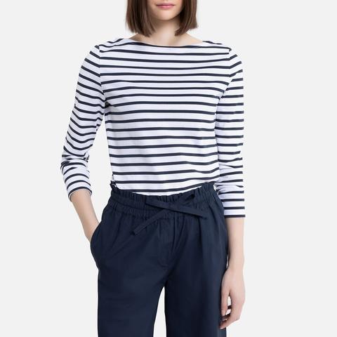 Camiseta A Rayas Con Cuello Barco Y Manga Larga