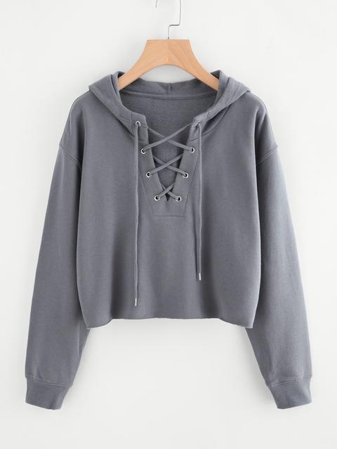 Drop Shoulder Eyelet Lace Up Sweatshirt