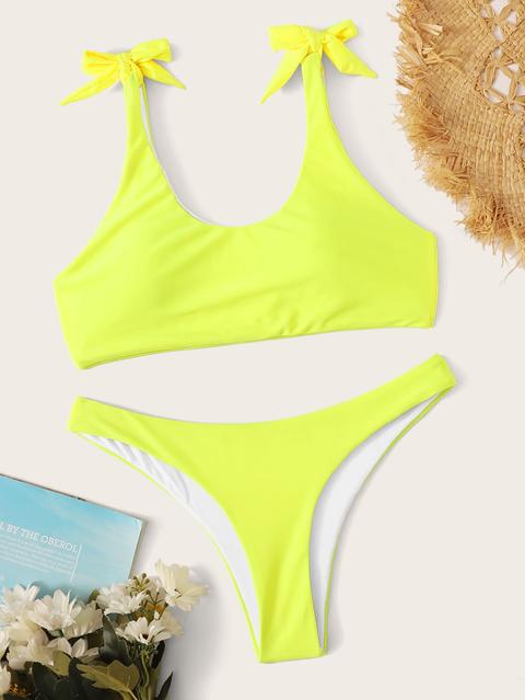 Set De Bikini Top De Hombro Con Cordón Amarillo Neón Con Hispster