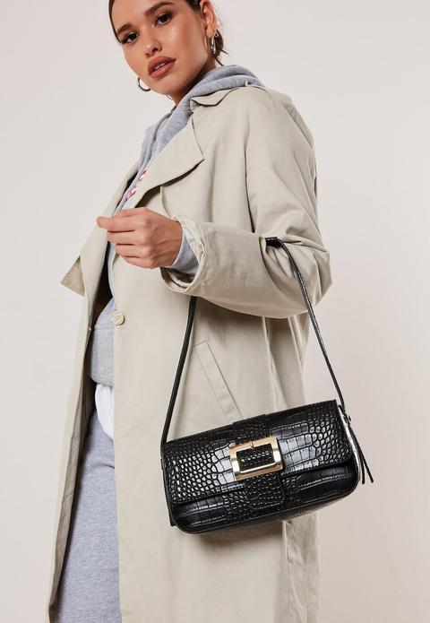 Black Faux Leather Buckle Detail Shoulder Bag