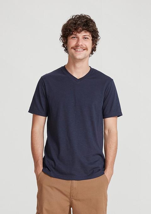 Camiseta Básica Masculina Flamê Com Decote V - Azul Marinho