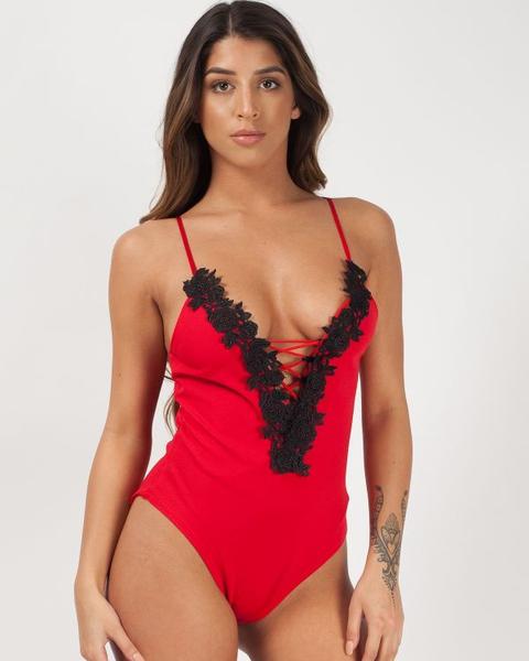 Imilia Crochet Trim Cami Bodysuit In Red