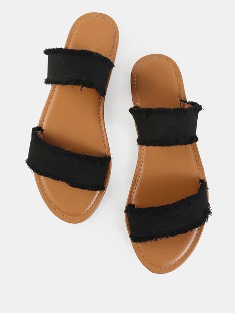 Frayed Canvas Duo Strap Sandals Black