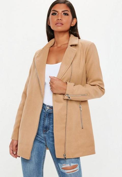 Brown Faux Wool Biker Coat, Camel