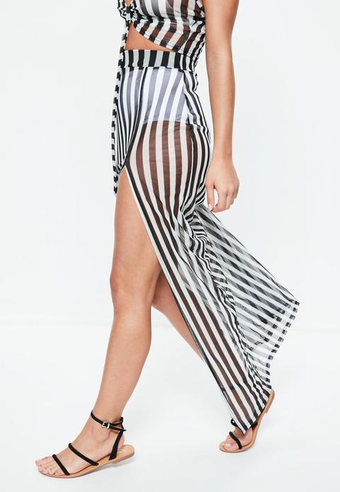 Black Striped Mesh Side Split Maxi Skirt, Black