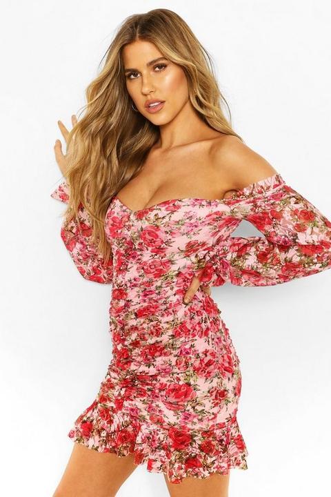 Robe Courte Froncée À Épaules Dénudées Et Imprimé Floral En Tulle - Rose - 34, Rose