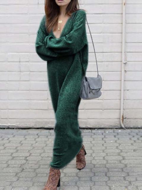 Abito Lungo V-collo Drappeggiato Manica Lunga Maglione Alla Moda Verde