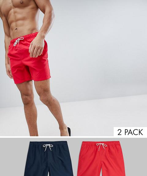 Multi-pack De 2 Shorts De Baños De Largo Medio En Rojo Y Azul Marino De Asos Design, Ahorra-multicolor