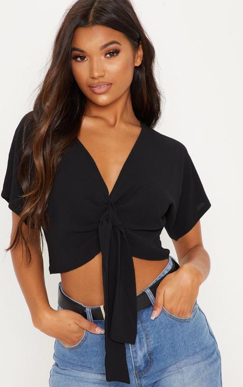 Black Chiffon Knot Front Short Sleeve Crop Blouse