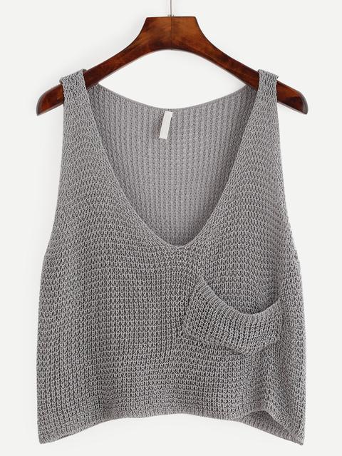 Top Corto De Punto Con Bolsillo - Gris