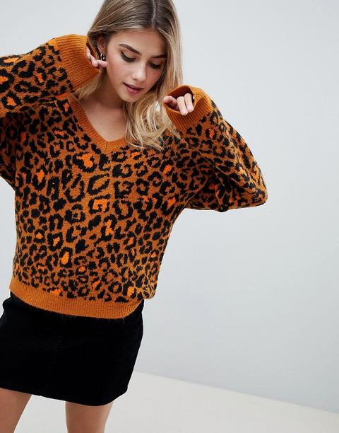 Asos Design - Pull À Col V Avec Imprimé Animal - Multi