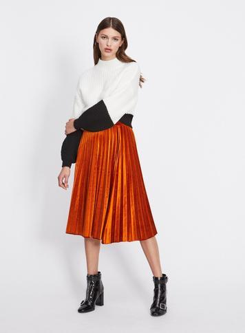 Womens Rust Velvet Pleated Skirt, Rust