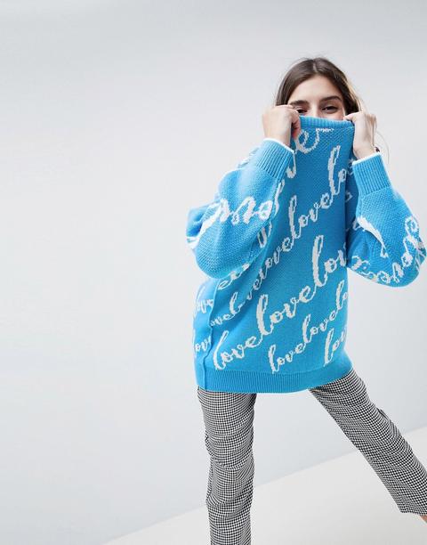 Asos Design Oversized Jumper With Love Logo - Blue