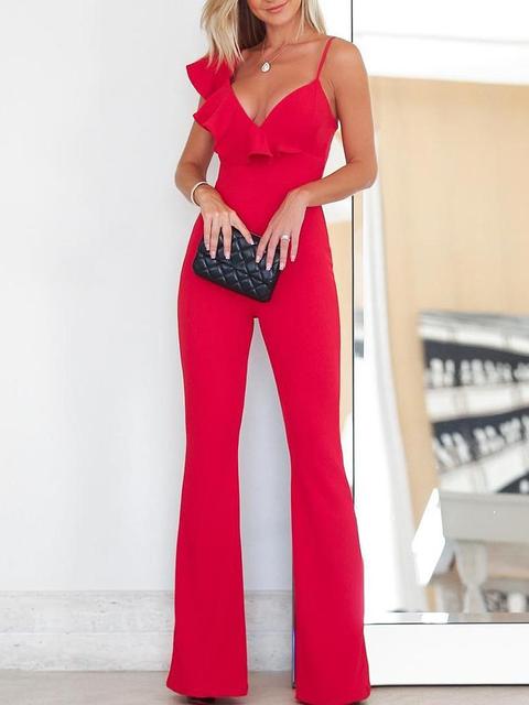 Solid Ruffle Asymmetrical Neck Flared Jumpsuit