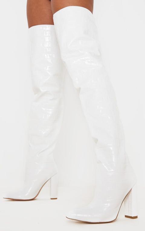 White Thigh High Point Block Heel Boots