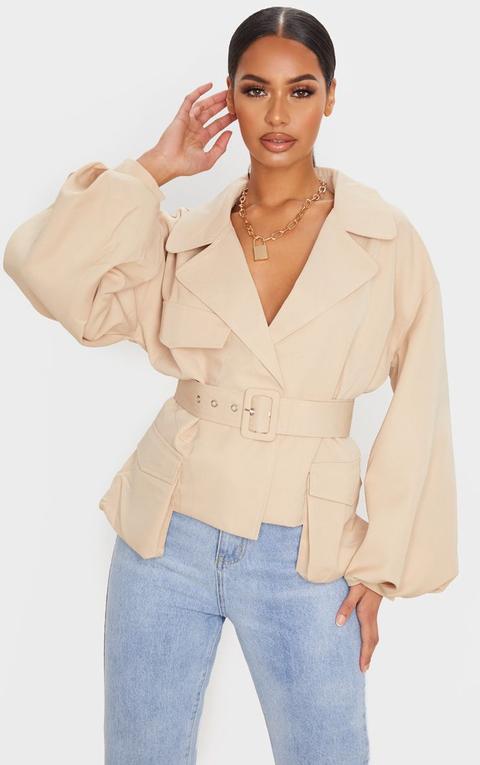 Stone Woven Puff Sleeve Belted Jacket