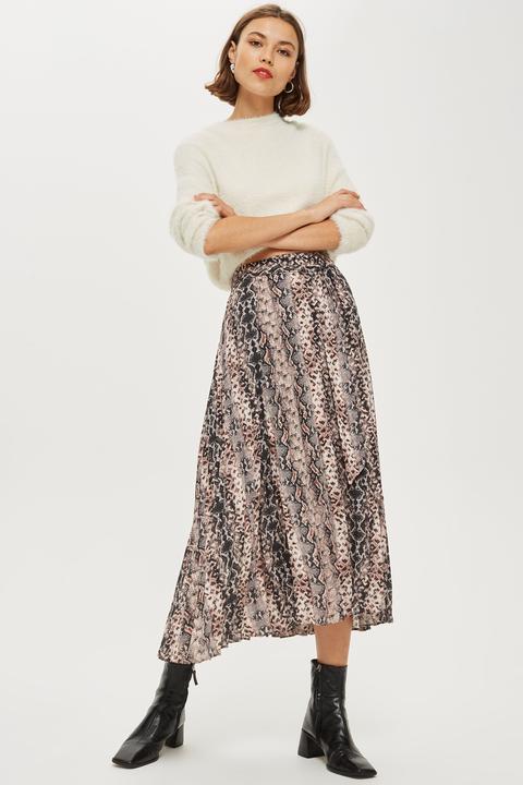 Womens Petite Snake Print Pleat Midi Skirt - Grey, Grey