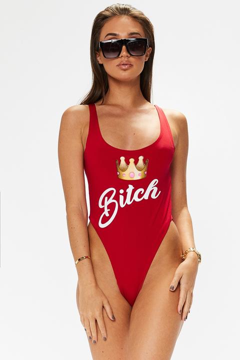 Megan Mckenna Red Bitch Slogan Swimsuit