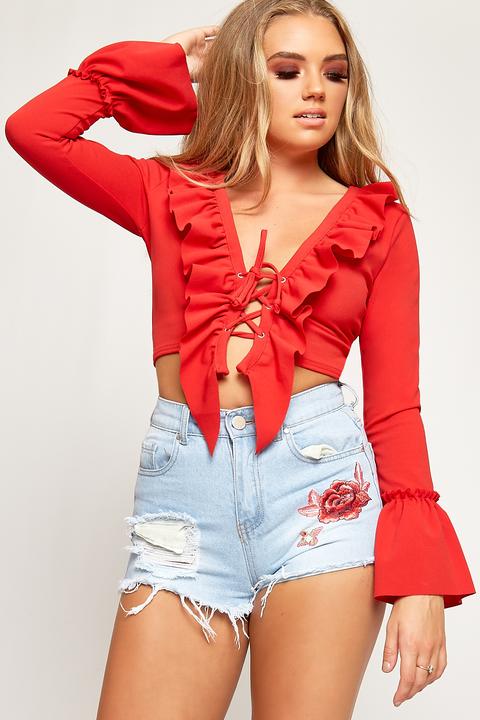 Sienna Bell Sleeve Lace Up Eyelet Frill Crop Top - Red