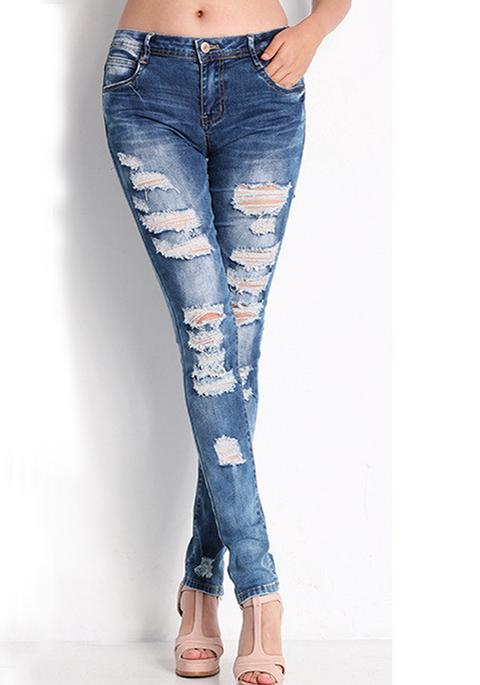 Jeans Lunghi Tagliati Tasche Stretch Mezze Vita Moda Denim Bodycon Blu