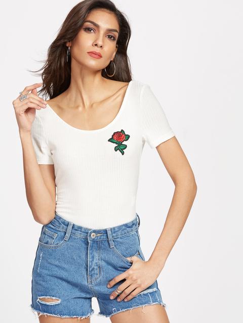 White Rose Embroidered Scoop Neck Bodysuit