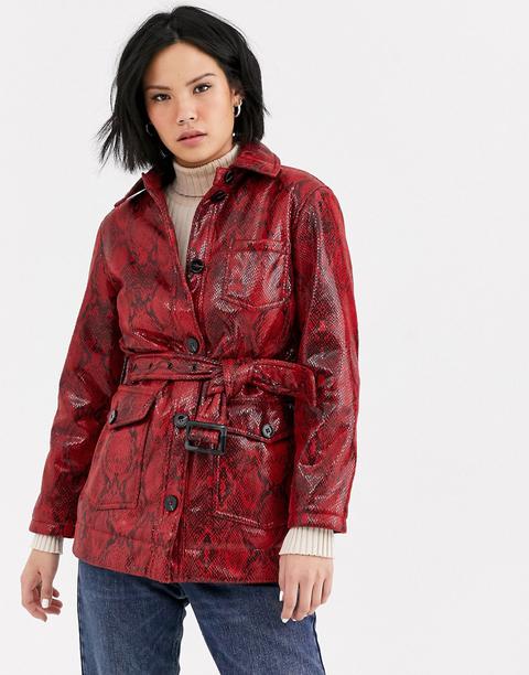 Topshop Vinyl Jacket With Belt In Snake Print-red