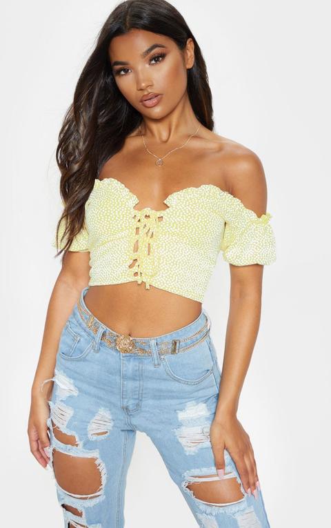 Yellow Floral Printed Jersey Lace Up Puff Crop Top