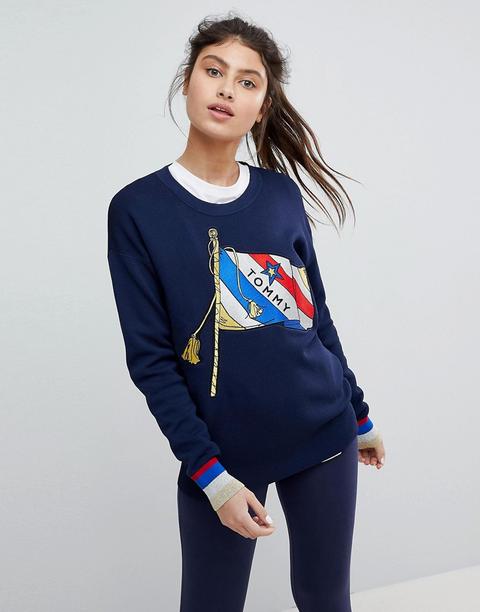 Tommy Hilfiger - Felpa Con Bandierina E Dettagli Oro - Navy