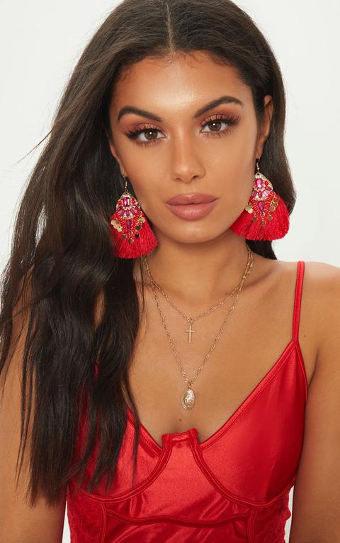 Red Gem Tassel Earrings