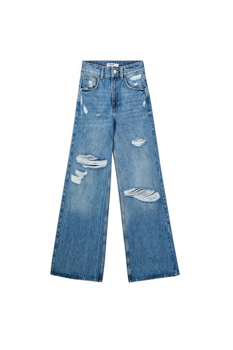 Jeans Tiro Alto Wide Leg Rotos