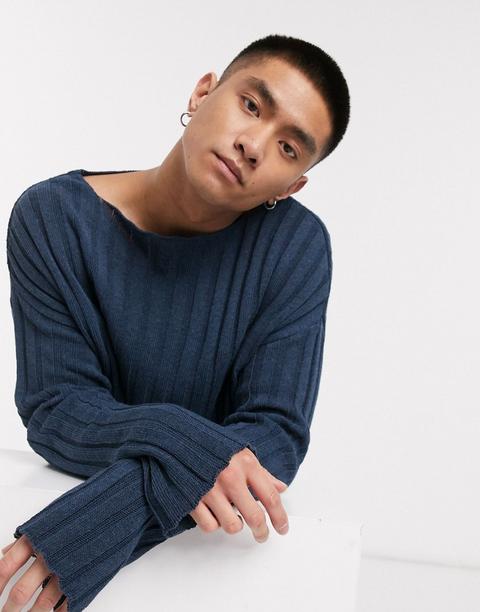 Asos Design Knitted Boat Neck Oversized Rib Jumper In Denim Blue