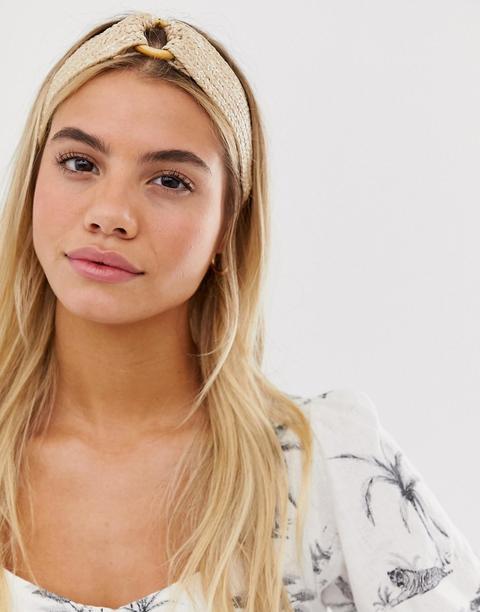 Asos Design Headband In Raffia With Wooden Circle Detail-cream