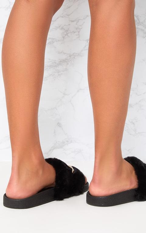 Black Faux Fur Diamante Chain Sliders