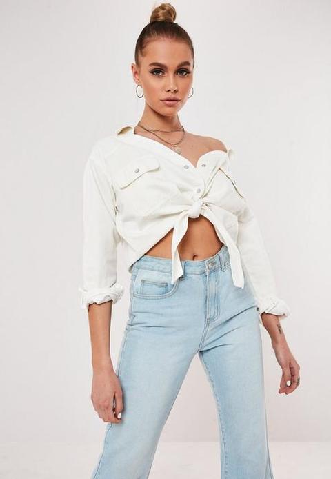 White Denim Tie Waist Shirt, White