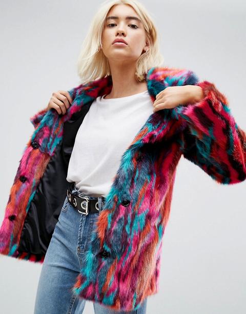 Asos - Cappotto Midi In Vivace Jacquard E Pelliccia Sintetica - Multicolore