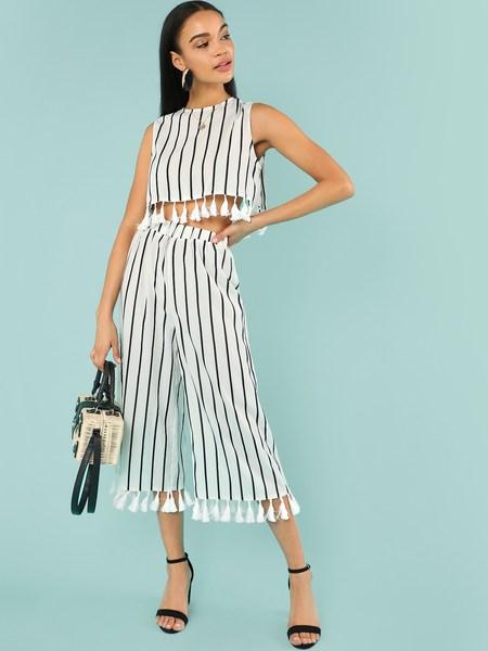 Conjunto Top De Rayas Ribete Con Fleco Con Pantalones Culote