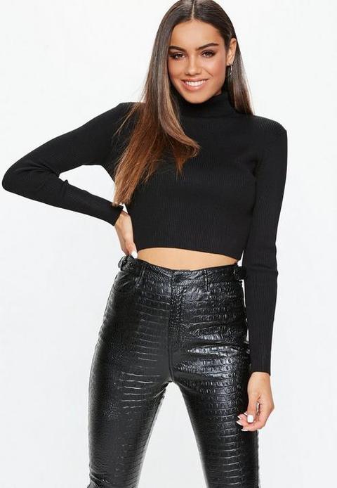 Black Roll Neck Ribbed Cropped Jumper, Black