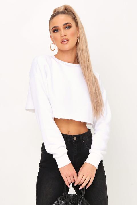 White Cropped Raw Hem Jersey Sweatshirt