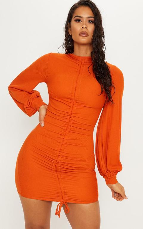 Burnt Orange Ribbed High Neck Balloon Sleeve Ruched Bodycon Dress